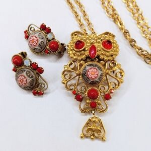 Juliana D&E Owl Pendant/Brooch And Earrings Cabochons Moroccan Matrix
